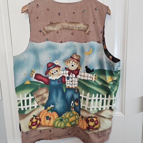Vintage Fall Vest Womens Size XXL Brown Scarecrow Floral Handmade Irreversible - Picture 3 of 8